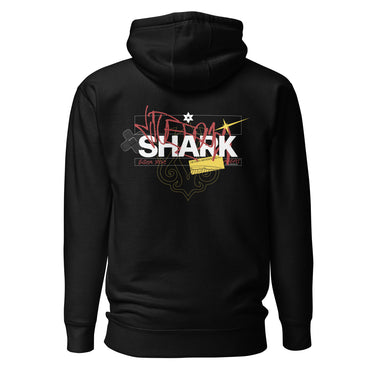 Back view of a solid-colored hoodie. A large, chaotic collage graphic on the upper back features the word "SHARK" in a bold font. The design is layered with various handwritten signatures, sketchy scribbles, and abstract background patterns.