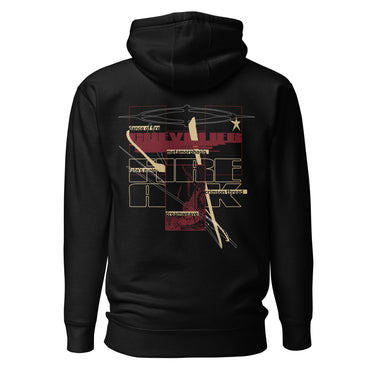 Back view of a solid-colored, hoodie. A large collage graphic is centered on the back, dominated by large, overlapping, outline-style typography. The design is layered with rectangular blocks, fine sketchy lines, and multiple smaller blocks of text, creating a deconstructed, schematic look. Featured text includes “Fire” “Atk” “Chevalier” “Dance of fire” “Dreamweave” amongst other phrases.