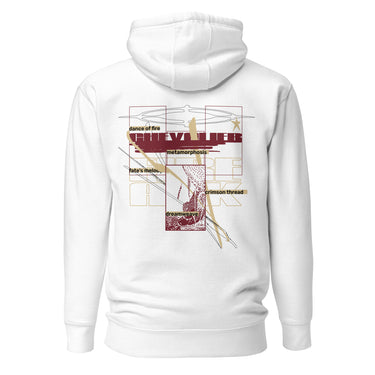Back view of a solid-colored, hoodie. A large collage graphic is centered on the back, dominated by large, overlapping, outline-style typography. The design is layered with rectangular blocks, fine sketchy lines, and multiple smaller blocks of text, creating a deconstructed, schematic look. Featured text includes “Fire” “Atk” “Chevalier” “Dance of fire” “Dreamweave” amongst other phrases.