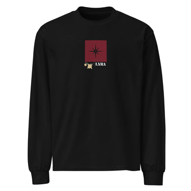 Front view of a solid-colored, longsleeve. A small graphic is centered on the chest, featuring a solid vertical rectangle containing a four-pointed star. The word "LYRA" is next to it, and two small charm-like shapes hang from the bottom.