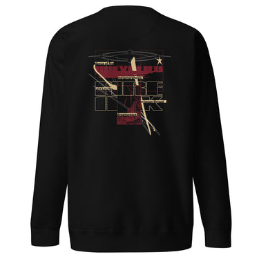Back view of a solid-colored, sweatshirt. A large collage graphic is centered on the back, dominated by large, overlapping, outline-style typography. The design is layered with rectangular blocks, fine sketchy lines, and multiple smaller blocks of text, creating a deconstructed, schematic look. Featured text includes “Fire” “Atk” “Chevalier” “Dance of fire” “Dreamweave” amongst other phrases.