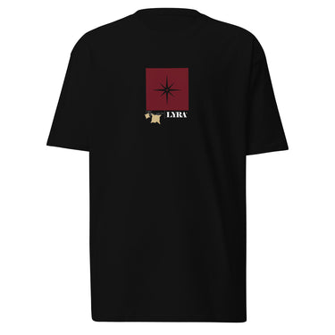 Front view of a solid-colored, shirt. A small graphic is centered on the chest, featuring a solid vertical rectangle containing a four-pointed star. The word "LYRA" is next to it, and two small charm-like shapes hang from the bottom.