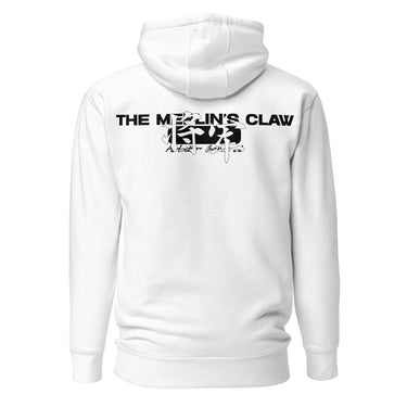 Back view of a solid-colored hoodie. A horizontal graphic on the upper back features the text "THE MERLIN'S CLAW". The center of the text is overlaid with a square containing Chinese text meaning “General”, high-contrast symbols and several stylized signatures below.
