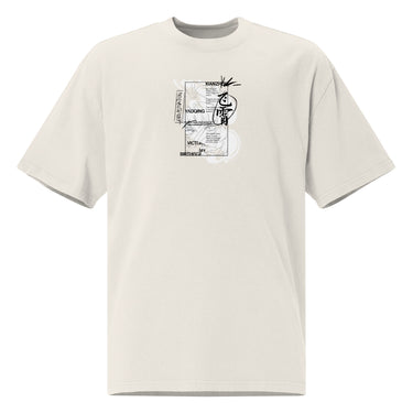 Front view of a solid-colored oversized-tee. A large, vertical collage graphic with a manga-style aesthetic is centered on the chest. The design features a partial illustration of a Feixiao from Honkai: Star Rail’s face, various blocks of stylized English text, and a large, brush-stroke style East Asian character in a circle.