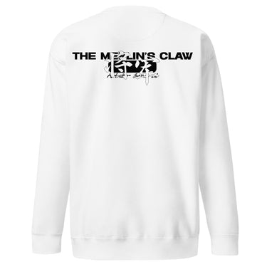 Back view of a solid-colored sweatshirt. A horizontal graphic on the upper back features the text "THE MERLIN'S CLAW". The center of the text is overlaid with a square containing Chinese text meaning “General”, high-contrast symbols and several stylized signatures below.