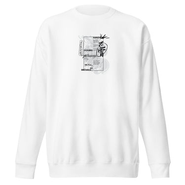 Front view of a solid-colored sweatshirt. A large, vertical collage graphic with a manga-style aesthetic is centered on the chest. The design features a partial illustration of a Feixiao from Honkai: Star Rail’s face, various blocks of stylized English text, and a large, brush-stroke style East Asian character in a circle.