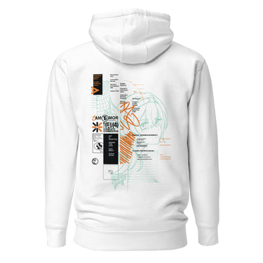 Back view of a solid-colored hoodie. A large, complex graphic on the upper back features a fine-line illustration of Firefly from Honkai: Star Rail’s face, overlaid with a dense collage of technical schematics, data readouts, and various symbols.