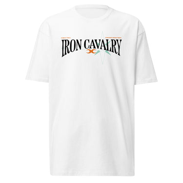 Front view of a solid-colored shirt. A graphic centered on the chest features the words "IRON CAVALRY" in an elegant, arched serif font, with a small icon of two mirrored axe heads in the center.