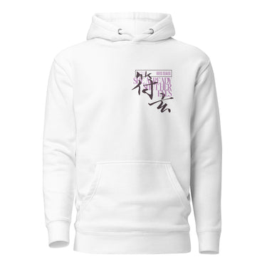 Front view of a hoodie. A small graphic on the left chest features two black, brush-stroke Chinese characters layered with purple text that reads, "SHE ALREADY KNEW THEIR FATES." A small box above contains the words "FATES SEALED.”