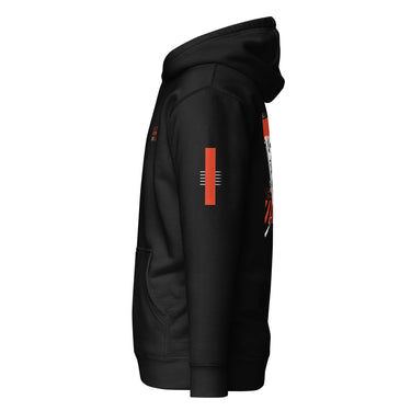 A view of the sleeve of a hoodie, showing a graphic of a solid, vertical bar containing several thin horizontal lines, with additional horizontal lines extending from its side. Imitating several nails taped to the arm.