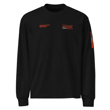 Front view of a solid-colored longsleeve. Two separate small graphics are on the chest, featuring technical-style text such as "BELOBOG HEAVY INDUSTRIES" and "TECHNICAL EXPERT".