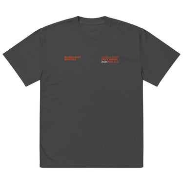 Front view of a solid-colored oversized-tee. Two separate small graphics are on the chest, featuring technical-style text such as "BELOBOG HEAVY INDUSTRIES" and "TECHNICAL EXPERT".
