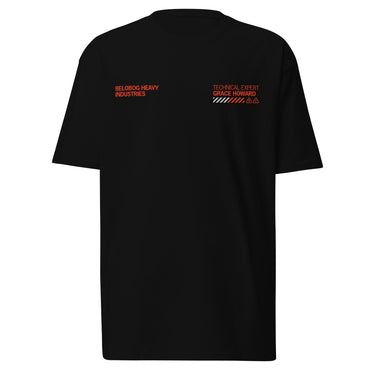 Front view of a solid-colored shirt. Two separate small graphics are on the chest, featuring technical-style text such as "BELOBOG HEAVY INDUSTRIES" and "TECHNICAL EXPERT".