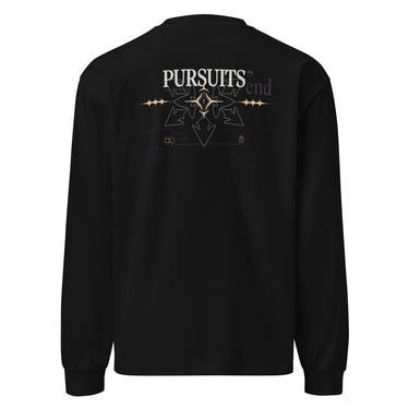 Back view of a solid-colored longsleeve. A large, symmetrical graphic is centered on the upper back. It features the text "PURSUITS end" integrated with a large, ornate, star-like emblem. Below are two fine-line illustrations of hands, one holding a key and the other a lock.