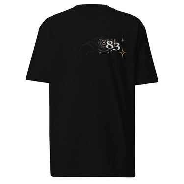 Back view of a solid-colored shirt. A large, symmetrical graphic is centered on the upper back. It features the text "PURSUITS end" integrated with a large, ornate, star-like emblem. Below are two fine-line illustrations of hands, one holding a key and the other a lock.