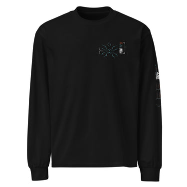 Front view of a solid-colored longsleeve. A small graphic on the left chest features a geometric, flower-like symbol made of fine lines, next to a vertical block of technical-style text.