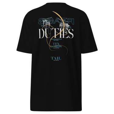 Back view of a solid-colored shirt. A large, elegant graphic on the upper back features the prominent text "DUTIES", with the words "FEARS AND" above it. The design is layered with two high-contrast anime-style eyes and a long, swirling tail-like shape.