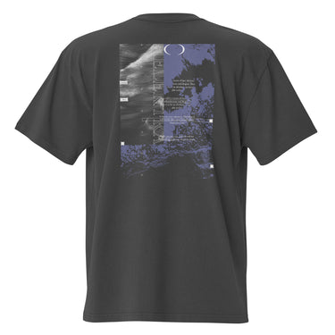 The back of a faded black oversized t-shirt. It features a large, vertical rectangular graphic with a split design. The left side shows a black-and-white image of waves, while the right side has a purple and black abstract texture of ocean waves. The word "HELEKTRA" is printed vertically in white down the center of the graphic, with a crescent moon symbol at the top.