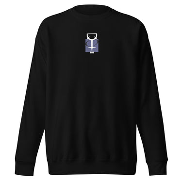 The front of a black sweatshirt. Centered on the chest is a small graphic featuring a stylized white symbol, resembling a chalice, set against a blue rectangular background.
