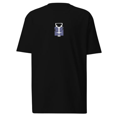 The front of a black oversized t-shirt. Centered on the chest is a small graphic featuring a stylized white symbol, resembling a chalice, set against a blue rectangular background.