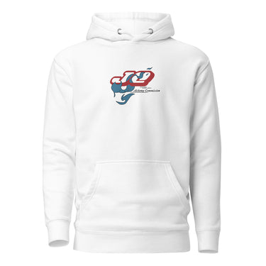 Front view of a solid-colored hoodie. A graphic on the chest features the characters "JQ" in a stylized, high-contrast font, intertwined with a flowing, smoke-like shape. Below is the text "Alchemy Commission".