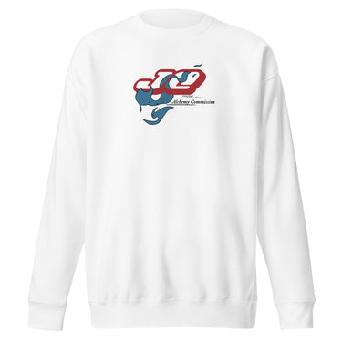 Front view of a solid-colored sweatshirt. A graphic on the chest features the characters "JQ" in a stylized, high-contrast font, intertwined with a flowing, smoke-like shape. Below is the text "Alchemy Commission".