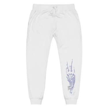 Front view of a solid-colored pants. A small graphic on the chest features elegant script text layered with a high-contrast, scribbled shape.
