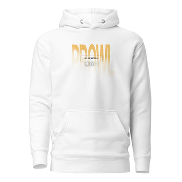 Front view of a hoodie. Centered on the chest is the word "PROWL" in a large, bold font. The letters are colored in a golden-yellow gradient with a halftone texture that fades towards the bottom. Within the letters, a small box contains the word "JUFUFU, SUMMIT" above several small, geometric icons.