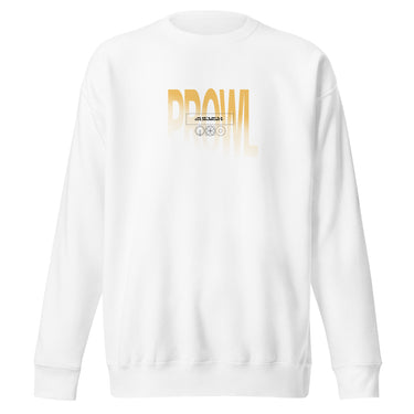 Front view of a sweatshirt. Centered on the chest is the word "PROWL" in a large, bold font. The letters are colored in a golden-yellow gradient with a halftone texture that fades towards the bottom. Within the letters, a small box contains the word "JUFUFU, SUMMIT" above several small, geometric icons.