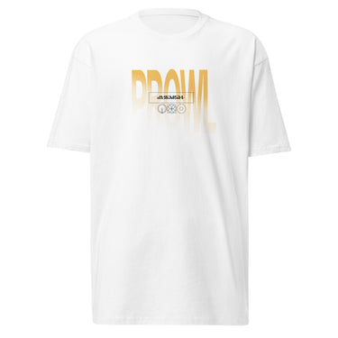 Front view of a shirt. Centered on the chest is the word "PROWL" in a large, bold font. The letters are colored in a golden-yellow gradient with a halftone texture that fades towards the bottom. Within the letters, a small box contains the word "JUFUFU, SUMMIT" above several small, geometric icons.