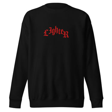 Front view of a solid-colored sweatshirt. The chest features the word "Lighter" embroidered in an arched, gothic-style font.