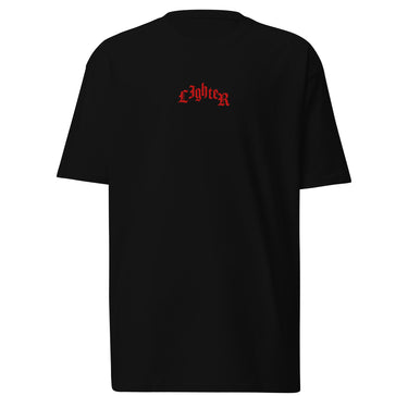 Front view of a solid-colored shirt. The chest features the word "Lighter" embroidered in an arched, gothic-style font.