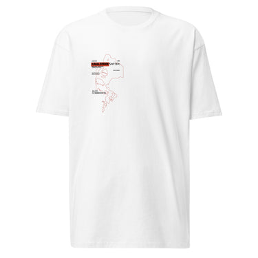 Front view of a solid-colored shirt. A small graphic on the left chest features a fine-line illustration resembling a smoke outline, with several blocks of technical-style text labeling different areas.