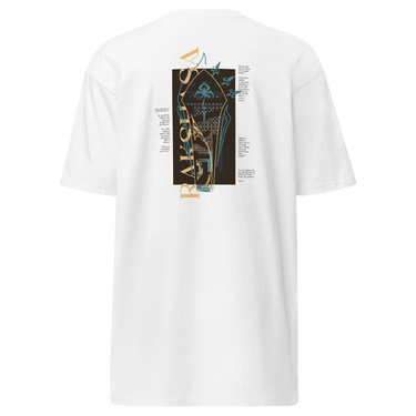 Back view of a solid-colored shirt. A large graphic on the upper back features a stylized, high-contrast illustration of a coffin, layered with various blocks of text.
