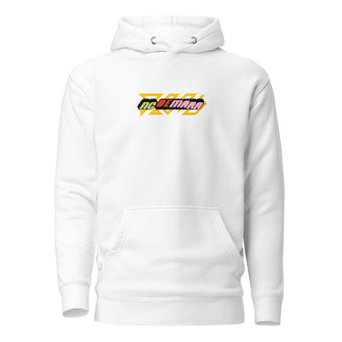 Front view of a solid-colored hoodie. A small, horizontal graphic on the chest features the stylized text "NC DEMARA" filled with a high-contrast, diagonal stripe pattern.