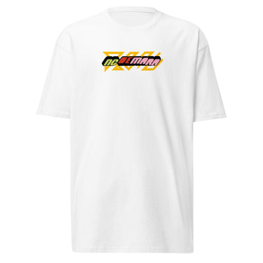 Front view of a solid-colored shirt. A small, horizontal graphic on the chest features the stylized text "NC DEMARA" filled with a high-contrast, diagonal stripe pattern.