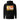 Black hoodie, back view, showcasing a large abstract graphic in orange, yellow, black, and white. The design includes bold typography, Japanese characters, geometric shapes, and layered text overlaid with dynamic line art and circular motifs.