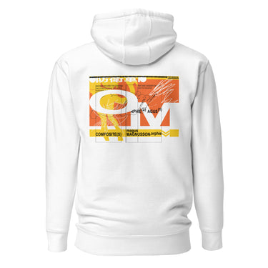 White hoodie, back view, showcasing a large abstract graphic in orange, yellow, black, and white. The design includes bold typography, Japanese characters, geometric shapes, and layered text overlaid with dynamic line art and circular motifs.