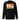 Black sweatshirt, back view, showcasing a large abstract graphic in orange, yellow, black, and white. The design includes bold typography, Japanese characters, geometric shapes, and layered text overlaid with dynamic line art and circular motifs.