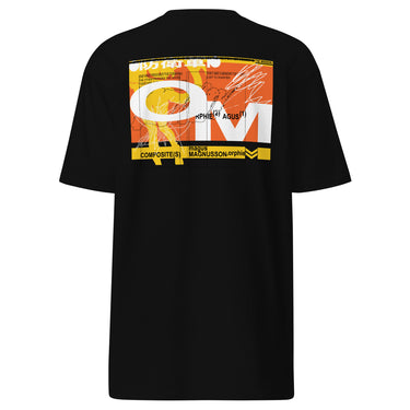 Black tee, back view, showcasing a large abstract graphic in orange, yellow, black, and white. The design includes bold typography, Japanese characters, geometric shapes, and layered text overlaid with dynamic line art and circular motifs.