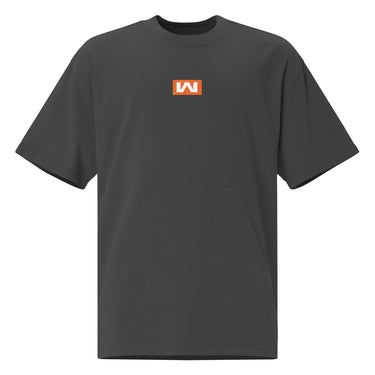 Faded black tee, front view, featuring a small centered orange rectangular logo with a stylized white 'M' inside.