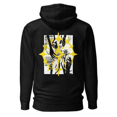 The back of a hoodie featuring a large graphic design. The design is centered on the upper back and consists of a spiky, star-like silhouette. Inside the silhouette is an abstract collage of fragmented hands in black and yellow line art, with bold yellow accents and horizontal black lines running through it.