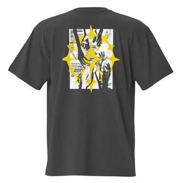 The back of a oversized-tee featuring a large graphic design. The design is centered on the upper back and consists of a spiky, star-like silhouette. Inside the silhouette is an abstract collage of fragmented hands in black and yellow line art, with bold yellow accents and horizontal black lines running through it.