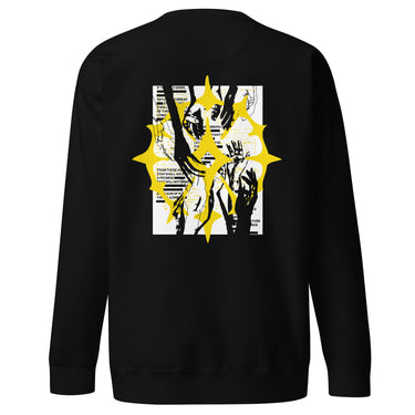 The back of a sweatshirt featuring a large graphic design. The design is centered on the upper back and consists of a spiky, star-like silhouette. Inside the silhouette is an abstract collage of fragmented hands in black and yellow line art, with bold yellow accents and horizontal black lines running through it.
