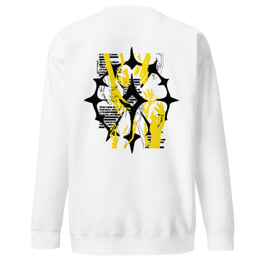 The back of a sweatshirt featuring a large graphic design. The design is centered on the upper back and consists of a spiky, star-like silhouette. Inside the silhouette is an abstract collage of fragmented hands in black and yellow line art, with bold yellow accents and horizontal black lines running through it.