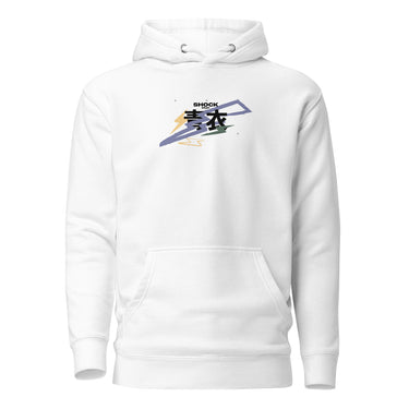 Front view of a solid-colored hoodie. A graphic centered on the chest features two prominent, high-contrast Chinese characters that spell “Qingyi” and the word "SHOCK", layered over abstract angular shapes.