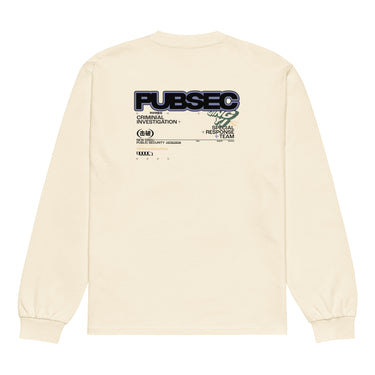 Back view of a solid-colored longsleeve. A large graphic on the upper back resembles an official document or case file. It features the bold, three-dimensional text "PUBSEC", along with other text blocks like "CRIMINAL INVESTIGATION+", and a circular emblem containing East Asian characters.