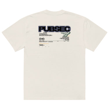 Back view of a solid-colored oversized-tee. A large graphic on the upper back resembles an official document or case file. It features the bold, three-dimensional text "PUBSEC", along with other text blocks like "CRIMINAL INVESTIGATION+", and a circular emblem containing East Asian characters.