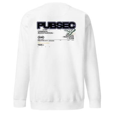 Back view of a solid-colored sweatshirt. A large graphic on the upper back resembles an official document or case file. It features the bold, three-dimensional text "PUBSEC", along with other text blocks like "CRIMINAL INVESTIGATION+", and a circular emblem containing East Asian characters.