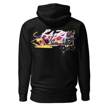 Back view of a solid-colored hoodie. A large, horizontal graphic on the upper back features a stylized, graffiti-like word spelling “RAPPA” layered over a wide smear of high-contrast brush strokes imitating graffiti splatter. To the side are smaller, schematic graphics including a compass rose and blocks of text.
